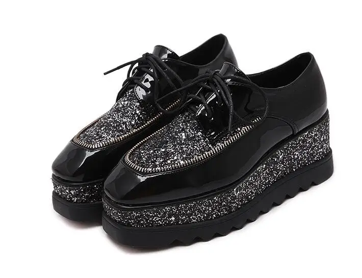 

Spring and fall new style platform shoes with thick bottom casual square head lace slope and retro women's shoes