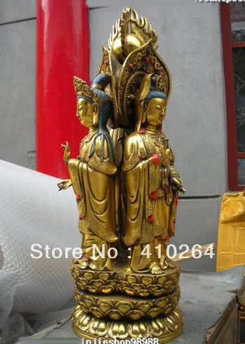 

Tibet Fane Bronze gild Three Face Sakyamuni Kwan-Yin Bodhisattva Buddha statue