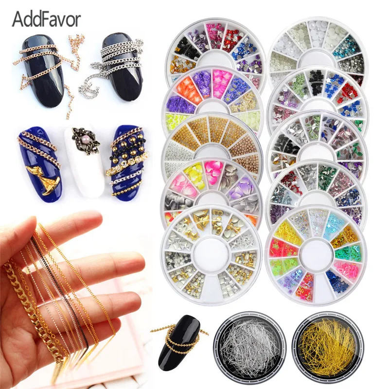 AddFavor 3D Стразы для ногтей украшения для ногтей драгоценные камни Алмазный Жемчуг Металлические акриловые шпильки Кристалл Золотая Серебряная цепочка лак дизайн