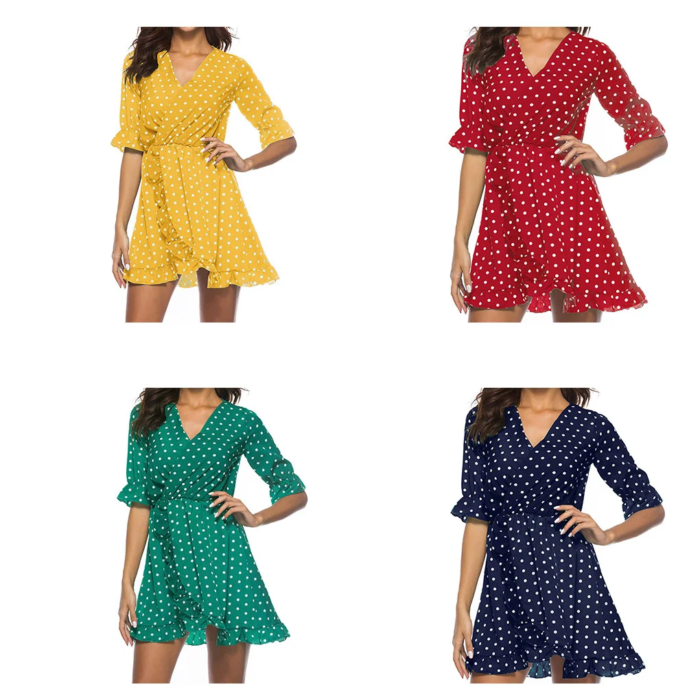 

Women Deep V Cross Neck Polka Dot Girl Sexy Irregular Peplum Frill Mini Dress