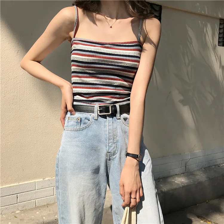 

Lychee Girls Striped Print Knit Camis Crop Top Colorful Sleeveless Tank Tops Spring Summer Casual Vintage Sexy Women Camisole
