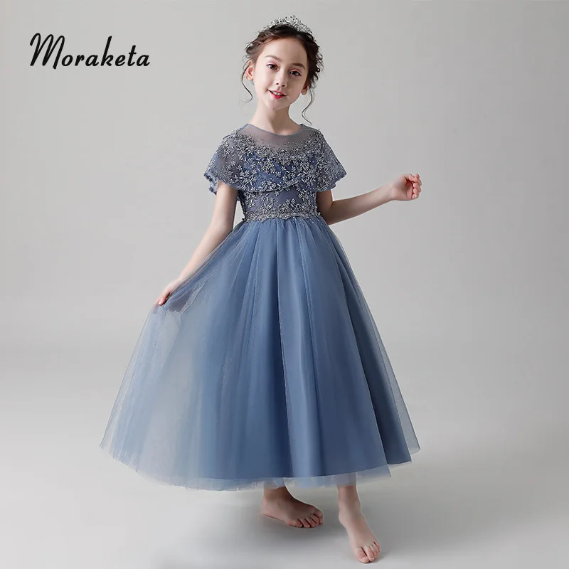 Синие кружевные Длинные Пышные Платья в пол для малышей платья принцессы с фатиновой юбкой для дня рождения для девочек 2019 г. Платья с