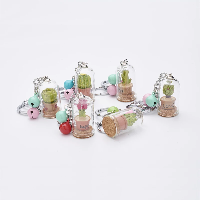 

10pcs Resin Glass Water Bottle Key Chain with Alloy Lobster Clasps Iron Ring Plant Mixed Color 133mm