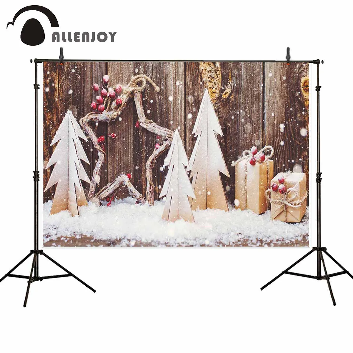 

Allenjoy professional photography background berry pentagram decoration wooden board christmas trees gifts backdrop photocall