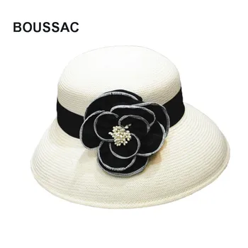 

New Style Ladies Flower Fascinators Ivory Straw Bowler Hat Women Summer Wride Brim Beach Sun Visor Hat Feminino Chapeu KNFT04
