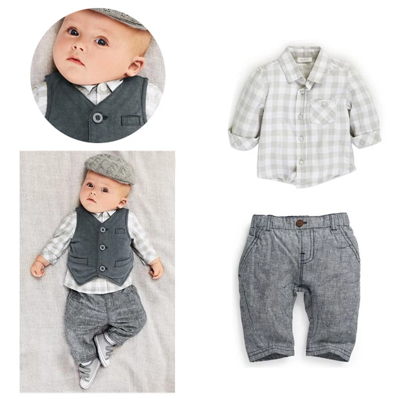 Baby Boy Fashion Cute Little Gentlman Shirt+Vest+Plaid+Long Pants Outfit 3Pcs/lot Infant 6-18M Spring Autumn