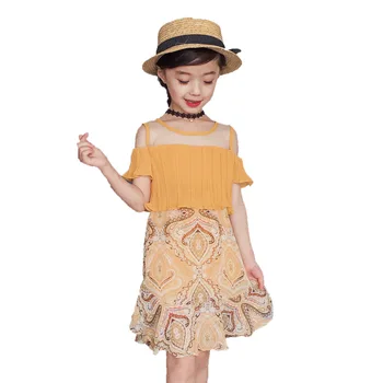 

Summer Girls Dress Chiffon Floral Ruffle Cold shoulder dresses for Teen Kids vestido menina Pink Yellow Princess Party Dress