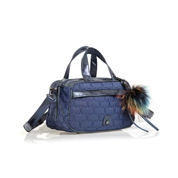 

Bag with synthetic fur pompom in stitched fabric and faux leather BAG WOMAN HANDBAGS ACCESSORY