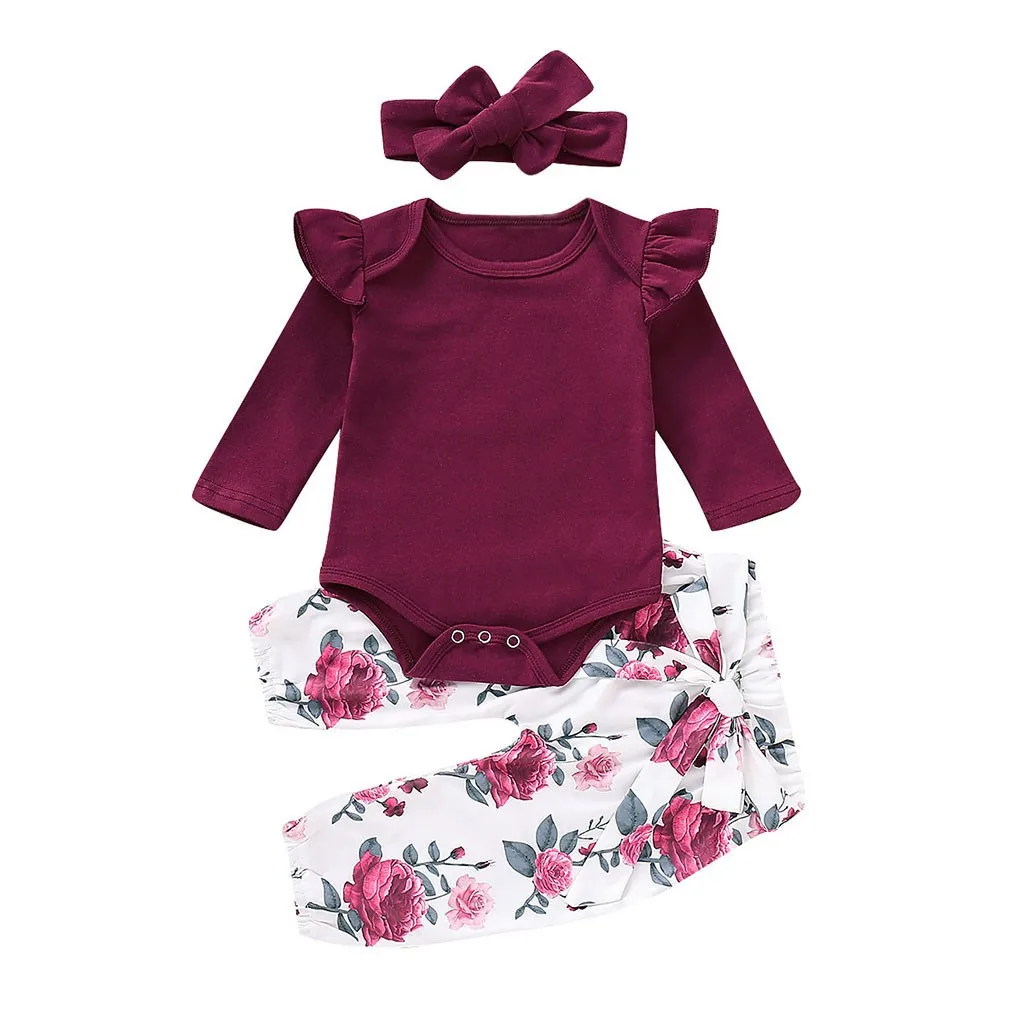 

Peridemes Cute Costumes Set for Baby Girls Long Sleeves Romper for Children Tops and Floral Printed Pants+Headbands Set Outfits