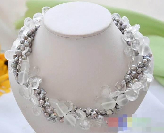 

0630 5row 18" gray baroque pearl transparent crystal necklace