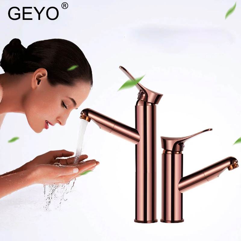 GEYO Rose Gold Bathroom Basin Faucet Single Handle Single Hole Mixer Tap Heightened Hot And Cold Tap Sink Brass Faucet