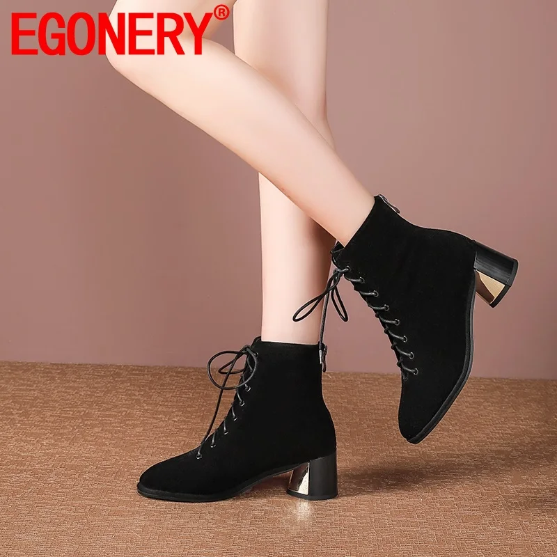 

EGONERY 2019 autumn new fashion warm lace up ankle boots ladies office dress black shoes 5.5 cm heel size 34-39 booties