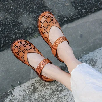 

VALLU Summer Hollow Out Women Flats Original Genuine Leather Shoes Round Toes Handmade Vintage Ladies Mary Janes Flat Shoes