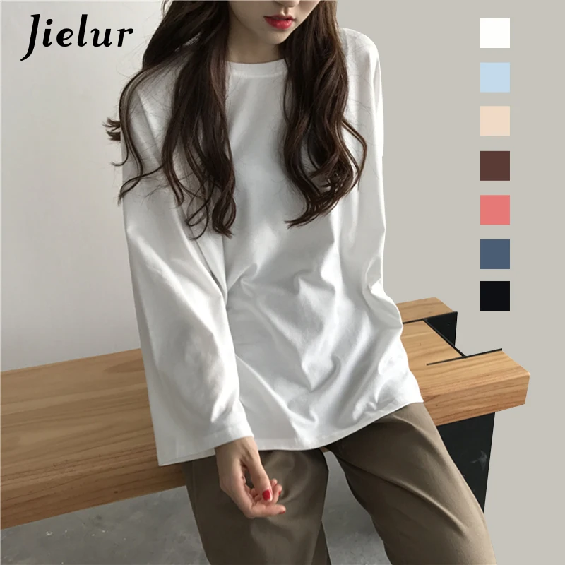Jielur 7 Solid Color High Quality Harajuku T Shirt Women Flare Sleeve Basic Korean Top Femme Long Sleeve White Tshirt Feminina Tops