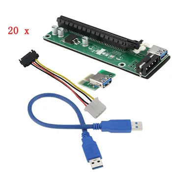 

20pcs PCI-E 1X to 16X Riser Card USB Extender Flexible Cable with SATA 4 Pin Molex Power Cable for Bitcoin Miner Mining Litecoin