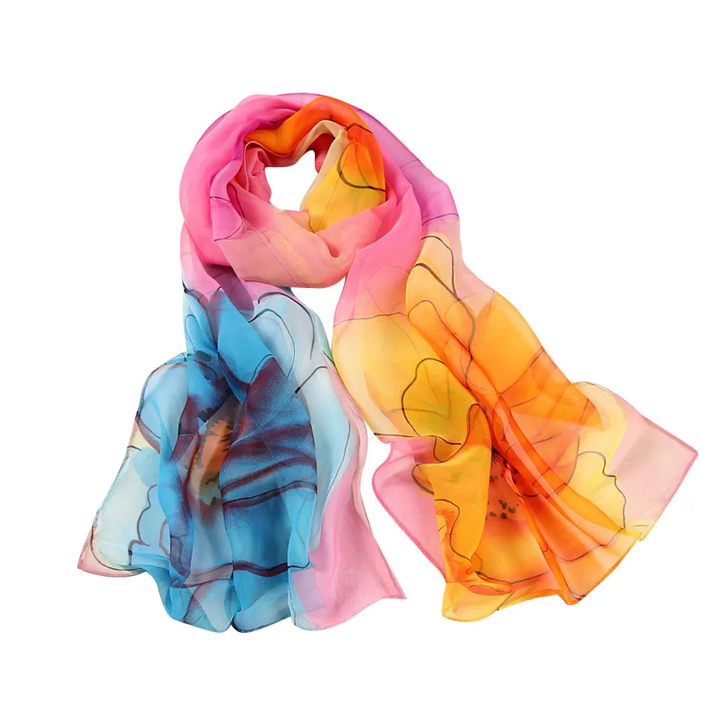Women Chiffon Scarf Soft Thin Chiffon Silk Scarf Big Flower Printed Silk Scarves Wrap Shawl