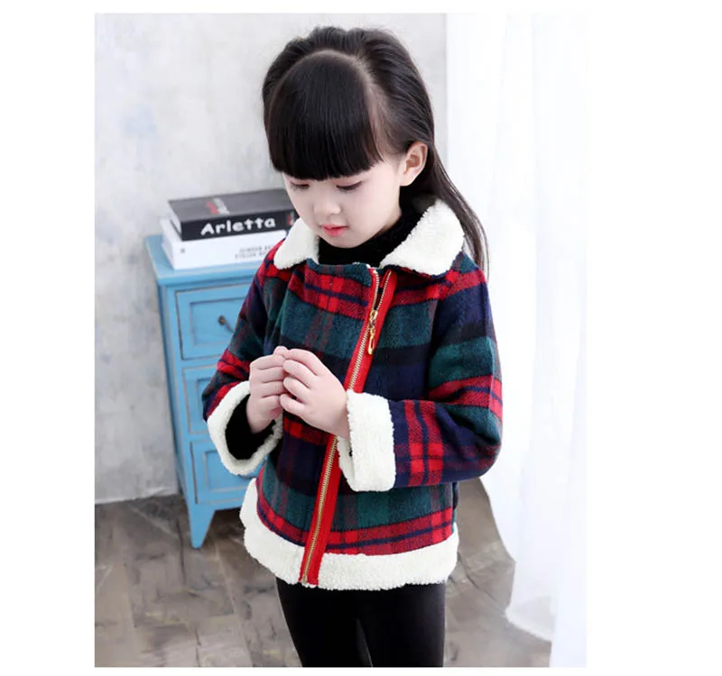 Autumn fall plaid thicken woollen jacket for girls kids zipper casual coat for girl woolen coat for girls (10)