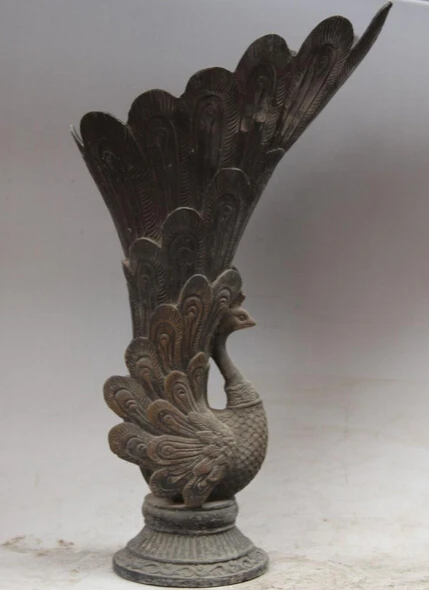 

JP S0524 14" Old Chinese Dynasty palace peacock peafowl Bronze Bird Statue Vase Cup (B0413)