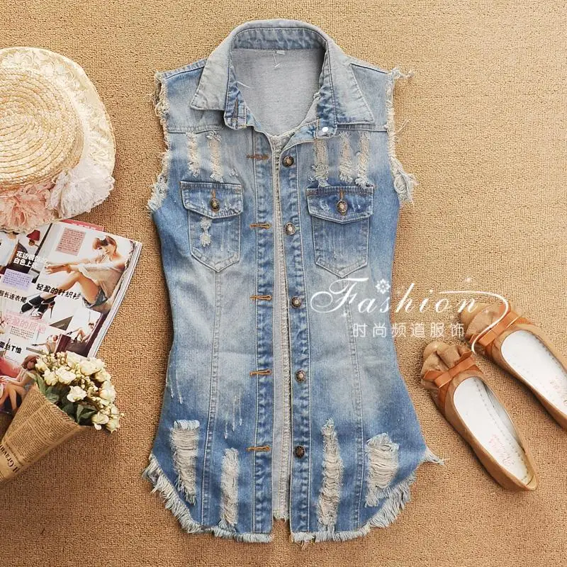 Woman Slim Fit Denim Shirt Jean jacket vest Turn down