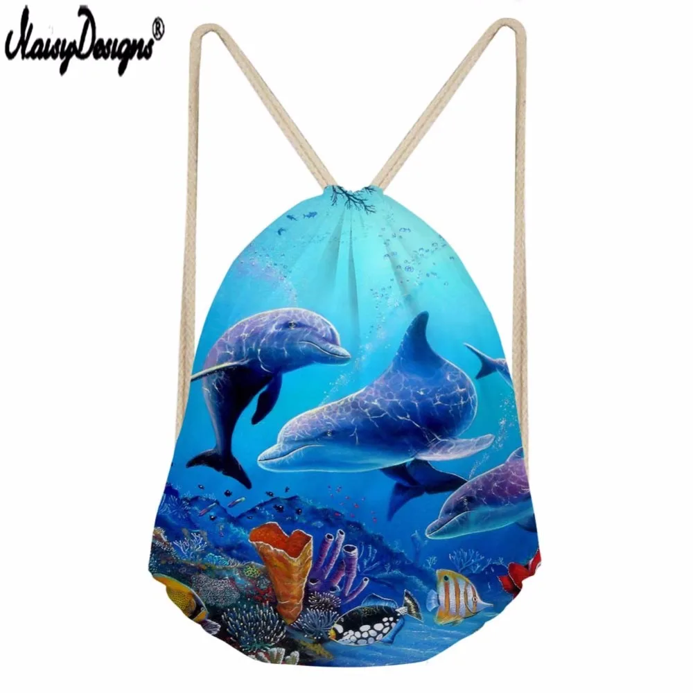 

Noisydesigns School Girls Backpack Sea World Dolphin Fish Print Kids Draw String Bag Drawstring Bag Women's Mochila Storage Bags