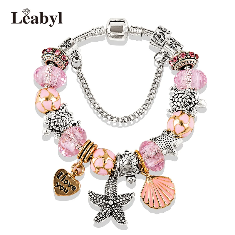 Hot Ocean Tibetan Silver Charm Bracelet Bangle for Women Romantic Pink Shell Crystal Bracelet Heart Turtle Beads Bracelets Gift