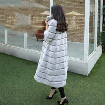 

X-long 120 cm natural rex rabbit fur coats outerwear women wave cut stand collar real fur jackets woman winter fur overcoat