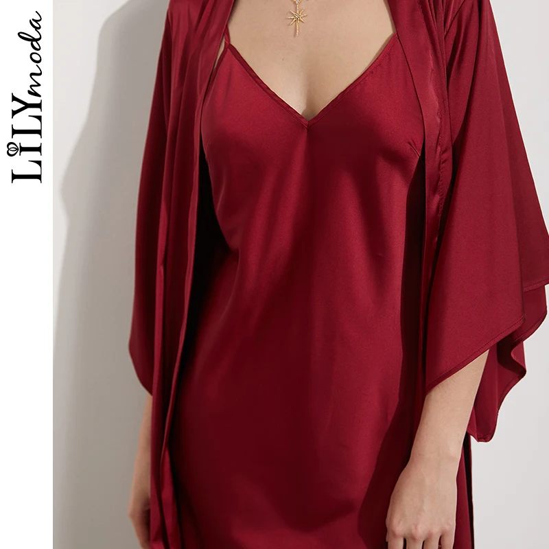 

Lilymoda 2019 summer 2PCS Sexy Satin Night Robe Bathrobe Perfect Wedding Bride Bridesmaid Robes Dressing Gown for Women