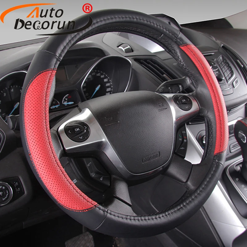 

Quality Genuine leather car steering wheel cover handmade steering covers cars black steering Wheel Hubs 38CM innne rubber ring