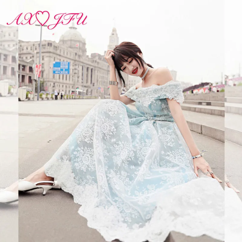 AXJFU роскошное платье принцессы Голубое Кружевное белое вечернее платье с цветочным рисунком винтажное платье с вырезом лодочкой Иллюзия
