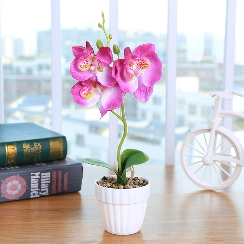 1 комплект фаленопсис горшечные искусственные цветы, орхидеи с поролоновым листом и пластиковая ваза искуственные цветы украшение для домашнего стола