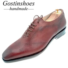 Goodyear Welted Handmade Men Dress Shoes Brown Genuine Leather Men Formal Shoes Oxfords Pointed Toe Lace-up Men Shoes GSTN013