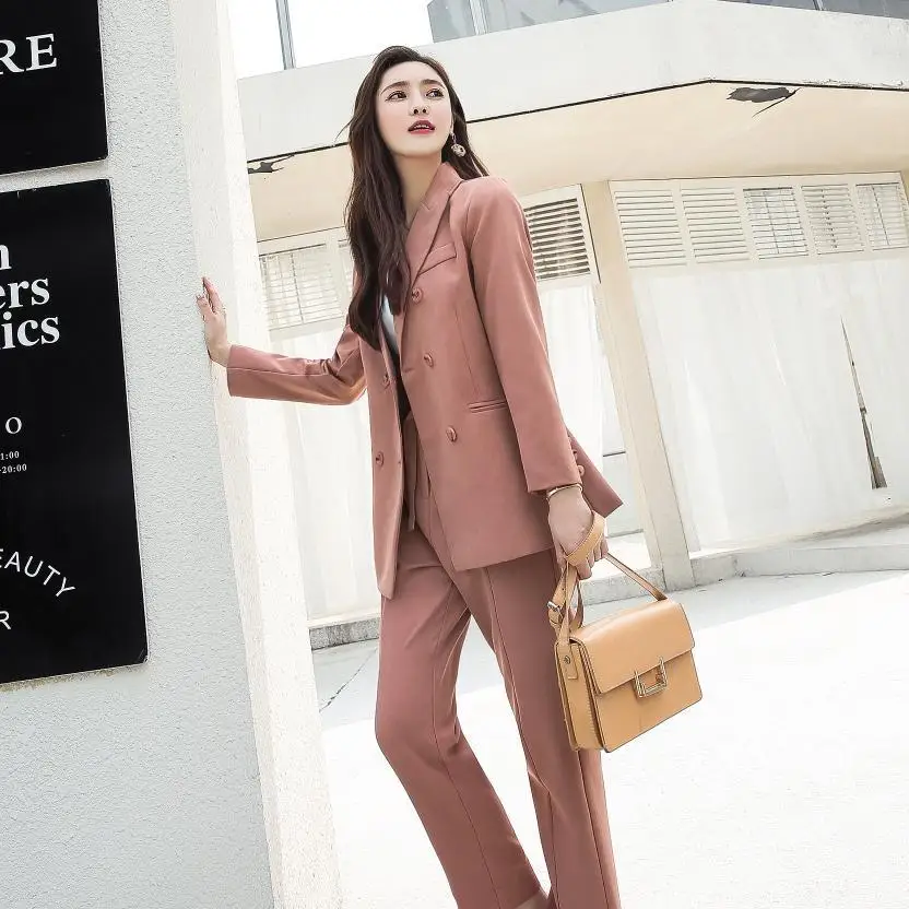Women's pantsuit Temperament long sleeve double-breasted blazer Woman suits lady suit office Jacket set 2019 two-piece