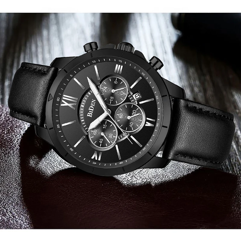 BIDEN Mens Watches Fashion Sport Quartz Clock Male Watch Men Luxury Business Leather Waterproof Wristwatch Relogio Masculino