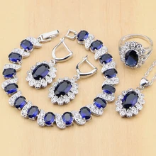 925 серебряные Наборы свадебных ювелирных изделий синий Цирконий Белый CZ Бусины для Для женщин Серьги/кулон/Кольцо/браслет/Цепочки и ожерелья комплект