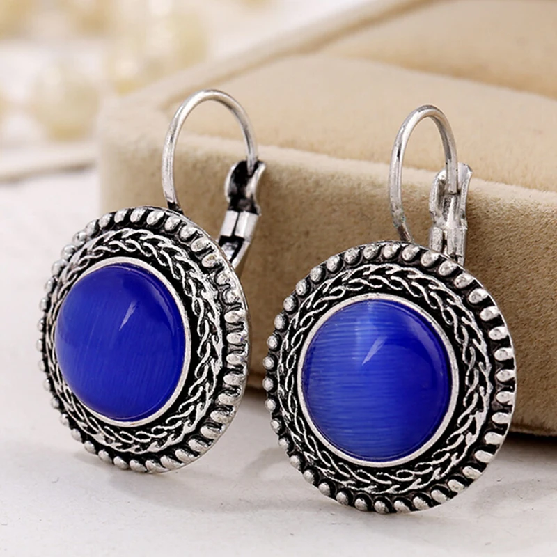 

Round Gem Earrings For Women Charm Jewelry Luxury Beautiful Tibetan Silver Earring