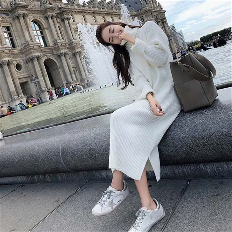 

Women Autumn 2018 New Dress Casual Full Sleeve Turtleneck Collar Pullover Loose Fashion Medium Leng Sweater Female Dresses Vs150