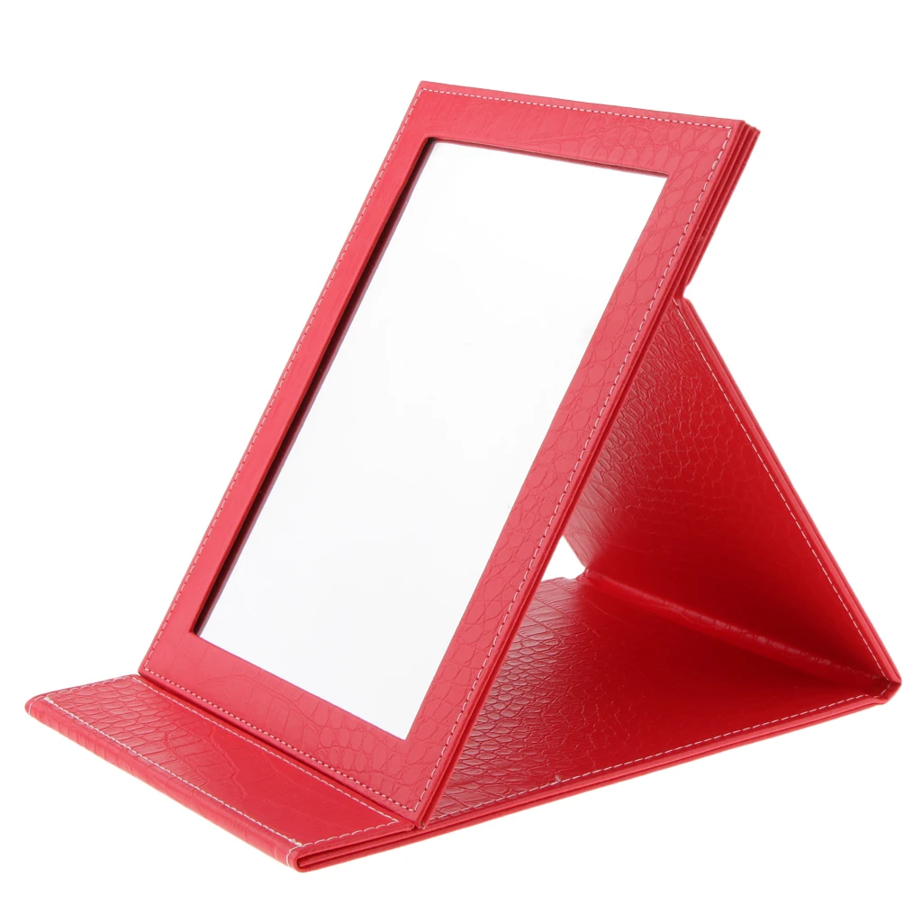 PU Leather Makeup Mirror Folding, Portable Foldable Cosmetic Mirror Travel - Цвет: Red