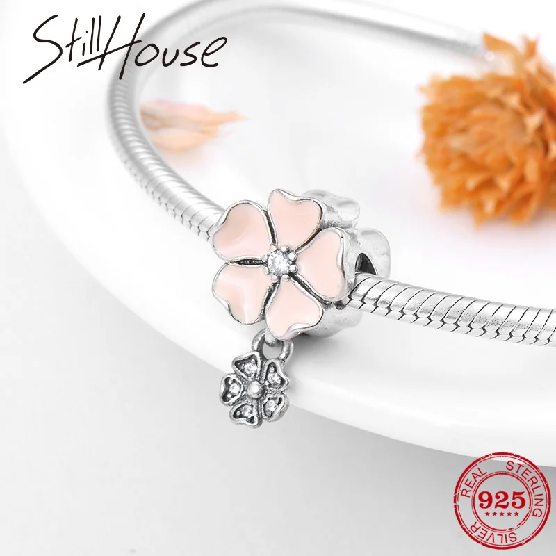 

Women Jewelry Hot Sale 925 Sterling Silver Pink Spring Flowers Dangle Charm fit Original Pandora Beads Bracelet Pendant Lover