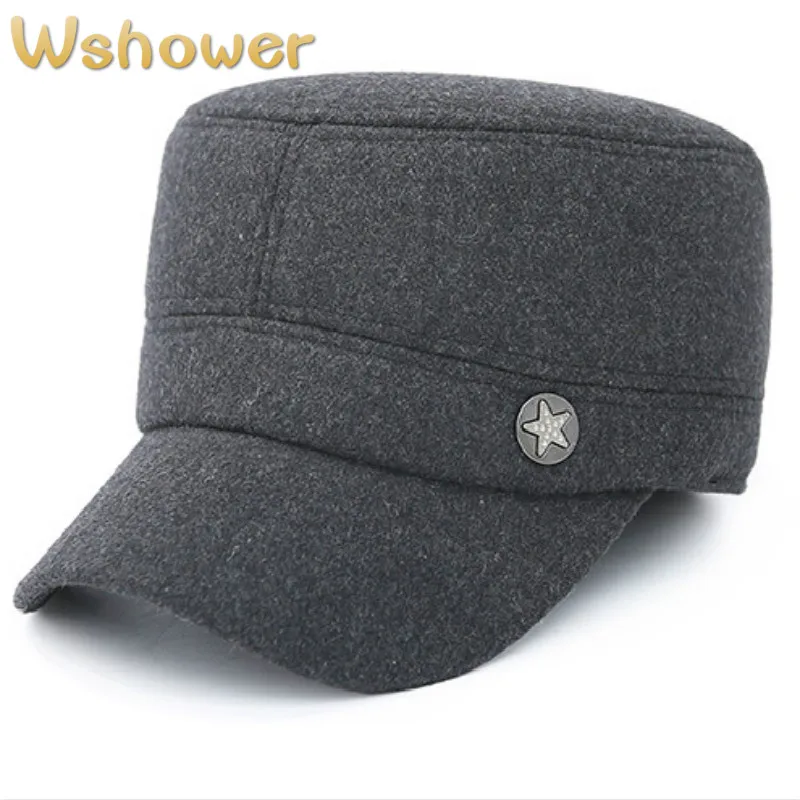 Adjustable Black Gray Man Warm Wool Winter Military Hats Caps Vintage Flat Cap Gorras Retro