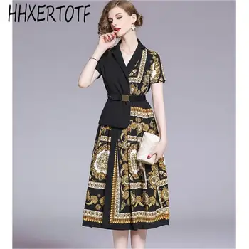 

Fashion Runway 2019 Summer Dresses Women's Short Sleeve V Collar Vintage Print Pleated Temperament dresses with belt