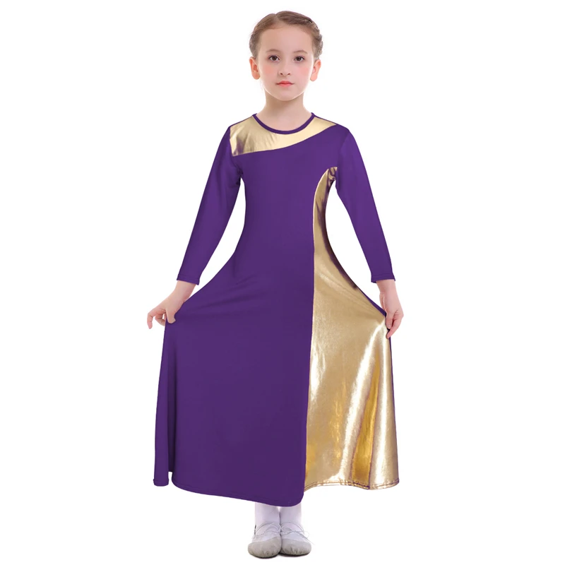 Элегантное разноцветное платье в стиле пэчворк для девочек; платье с длинными рукавами для литургических танцев; Детский костюм для церковного культа - Цвет: Purple