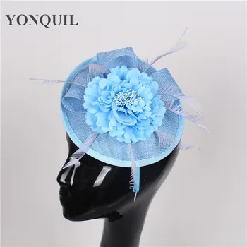 

Vintage light blue fascinator with silk flower imitation sinamay headwear bridal hair accessories gril millinery hats headpieces
