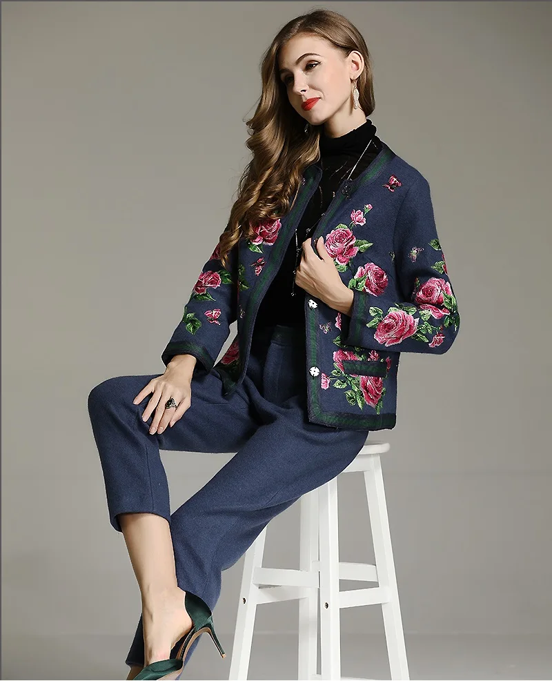 

Top Quality Designer Clothing Sets 2018 Autumn Winter Warm Wool Suits Women Luxurious Embroidery Wool Jacket+Thick Wool Pant Set
