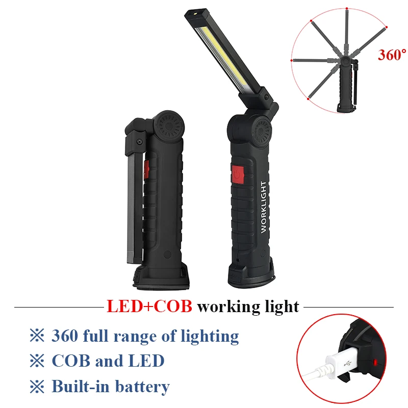 

LED+COB flashlight magnet USB charging work check lamp red and white light 360 degree rotation 5 mode with hook built-in battery