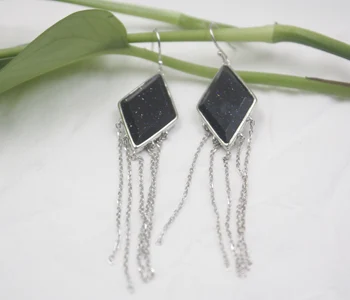 

Real Sterling S925 Silver Earrings Blue Sandstone Diamond For Women Ladies Girl 93*18mm Dangle Earrings Hook