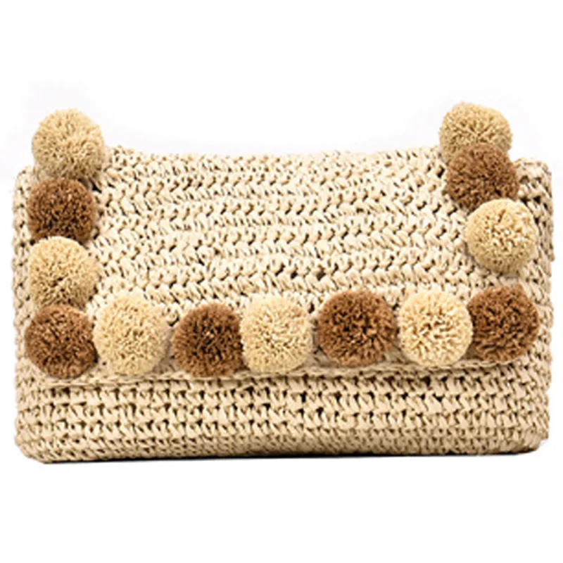 

FGGS-New Hair Ball Beach Bag Straw Clutch Bag Envelope Lady Ladies Day Summer Chain Messenger Bag