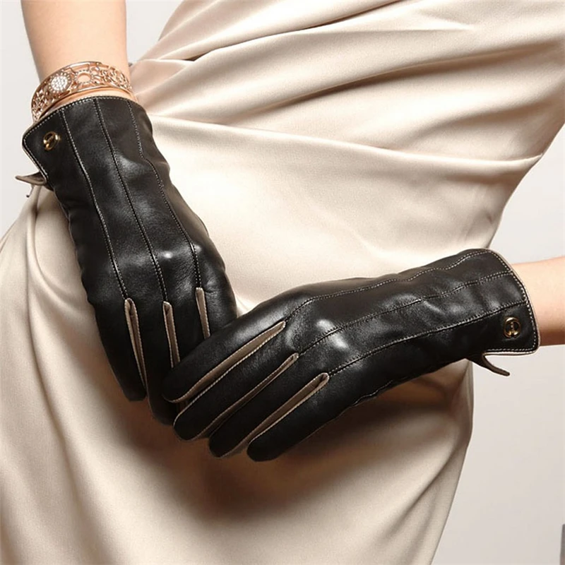 Зимние женские перчатки наивысшего качества, короткие перчатки на запястье из натуральной кожи, женская теплая из овечьей шерсти для вождения,, EL031NR-5