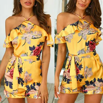 

Hot Sale 2019 Women Summer Ladies Sweet Printed Floral Mini Playsuit Sleeveless Ruffles Strappy Summer Casual Beach Playsuits