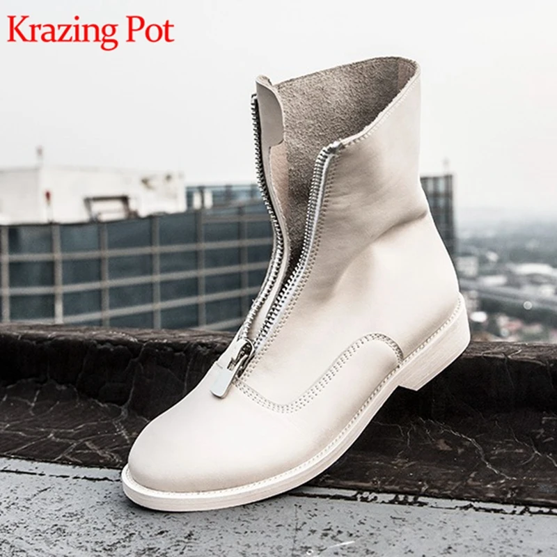 

Krazing pot sheep leather front zipper motorcycles boots cool girl retro gradient Winter keep warm lazy style ankle boots L33