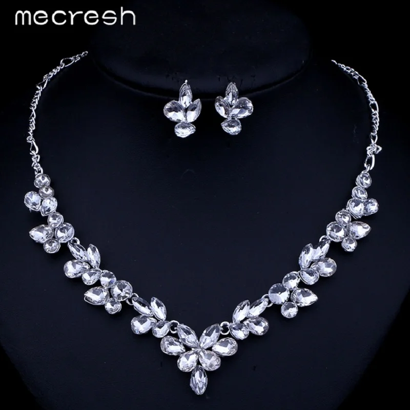 Mecresh Gorgeous Leaves Crystal Bridal Jewelry Sets Silver Plated Water Drop Earrings Necklace Wedding Accessories TL262
